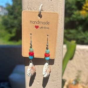 Handmade Shell Earrings with Red and Blue Beads